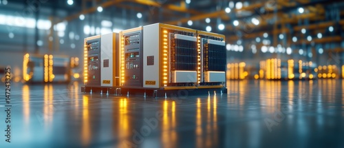 Multiple server units stand ready within a vast industrial warehouse environment with gleaming floor surfaces.
