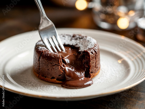 A delectable molten chocolate lava cake, dusted with powdered sugar, sits on a white plate with a thin gold rim. A silver fork pierces the warm, gooey center, causing rich, dark chocolate to ooze out 