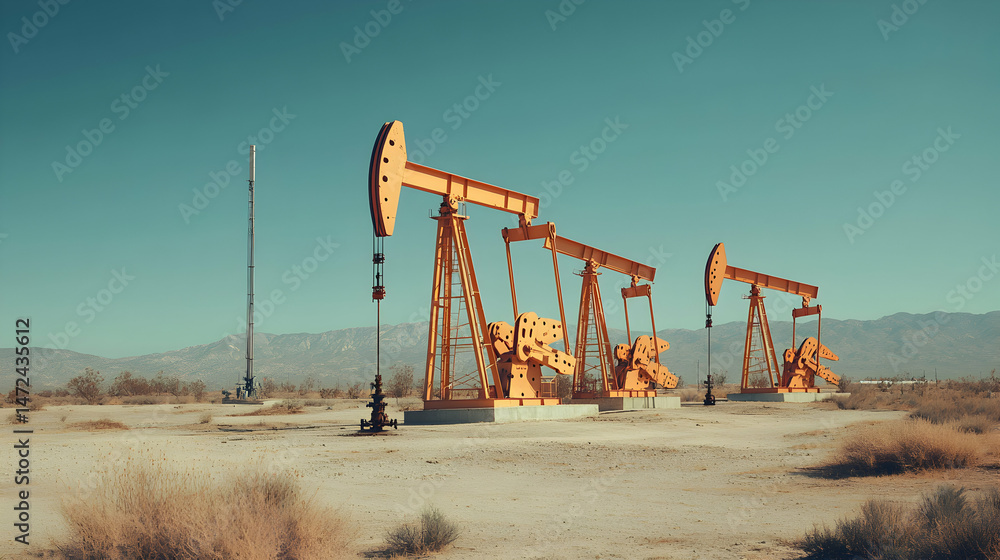 Fototapeta premium Oil pumps stand in a dry desert landscape under a clear blue sky.