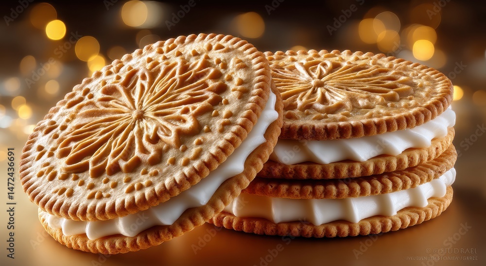 Delicious creamy cookies stacked elegantly, showcasing intricate designs and textures, with a warm golden background and soft bokeh lighting Delicious creamy cookies stacked elegantly, showcasing intricate designs and textures, with a warm golden background and soft bokeh lighting