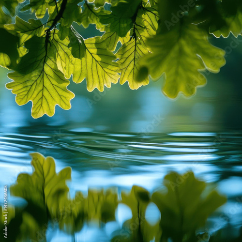 Serene oak leaves gently overhang a tranquil, rippling blue water surface, reflecting nature's peaceful beauty. : Generative AI