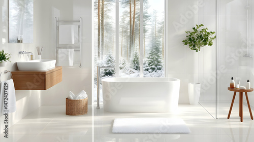 Modern, bright bathroom with a view of a snowy forest