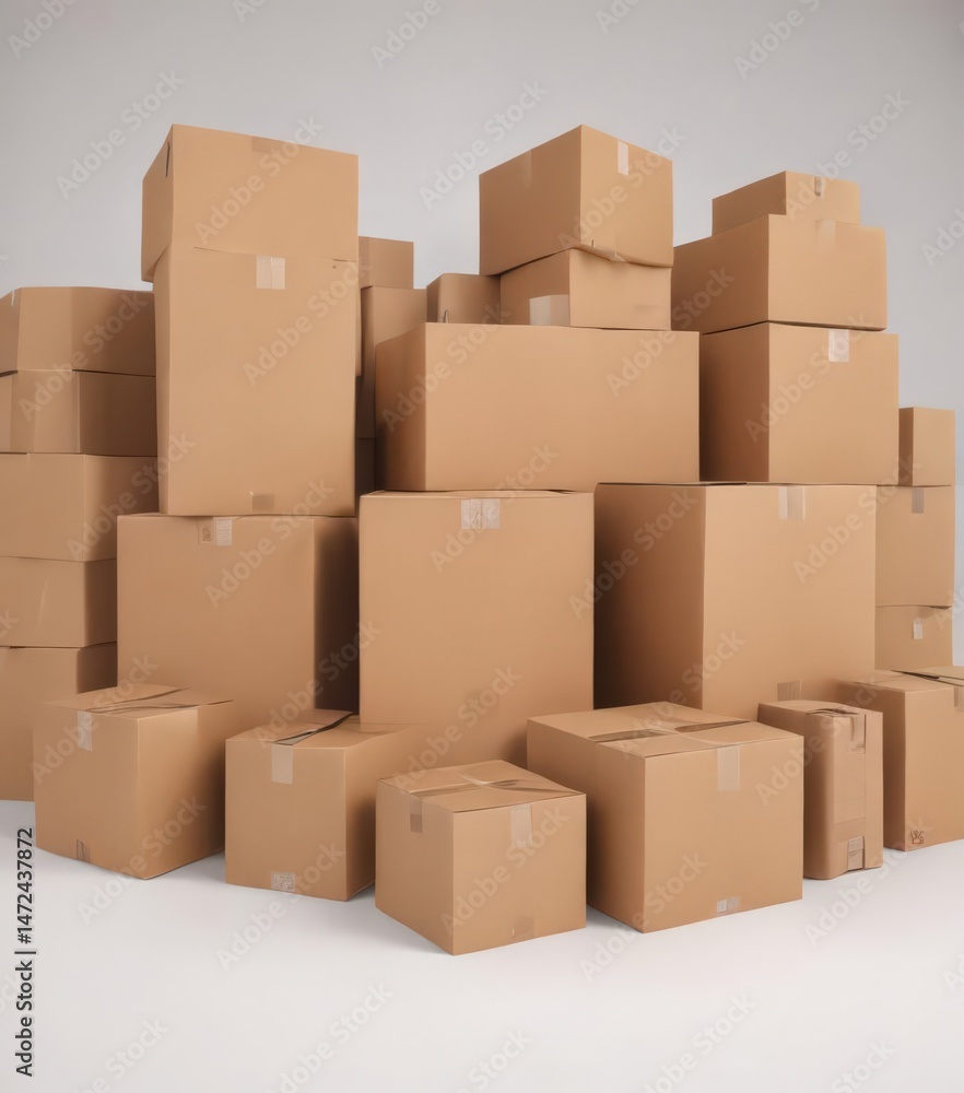 Various sized brown cardboard boxes isolated, white backdrop , waste, supplies Various sized brown cardboard boxes isolated, white backdrop , waste, supplies