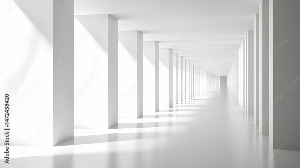 Obraz premium A long white hallway with pillars creating a perspective view.