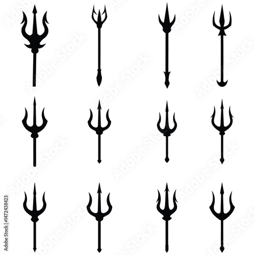 Trident Silhouettes Vector Set Poseidon & Mythical Spear on white background