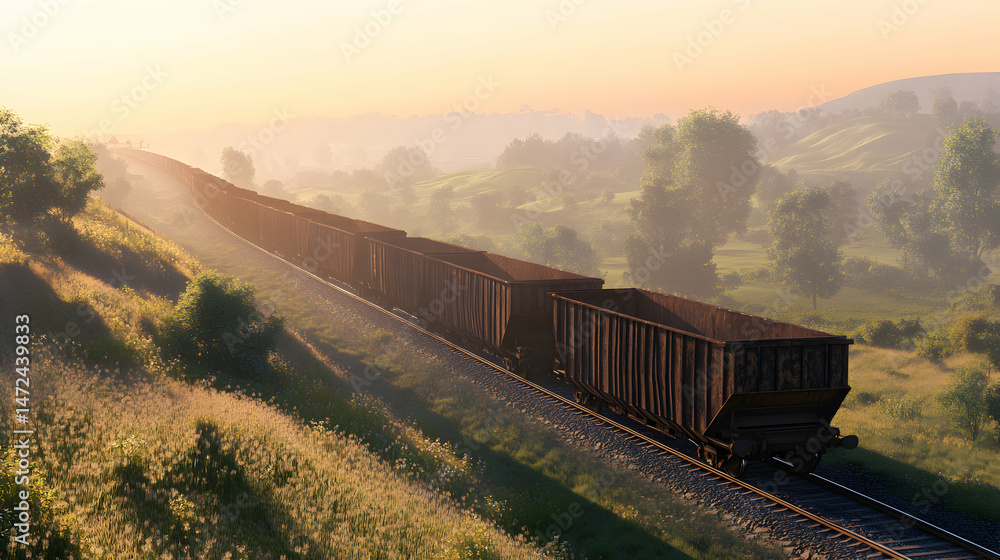 Fototapeta premium A long freight train travels along tracks through a rural landscape at sunrise.