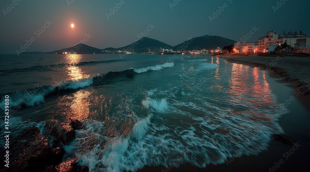 Fototapeta premium Serene coastal scene at night, featuring gentle waves lapping the shore under a full moon, with a distant town's lights illuminating the dark water. : Generative AI