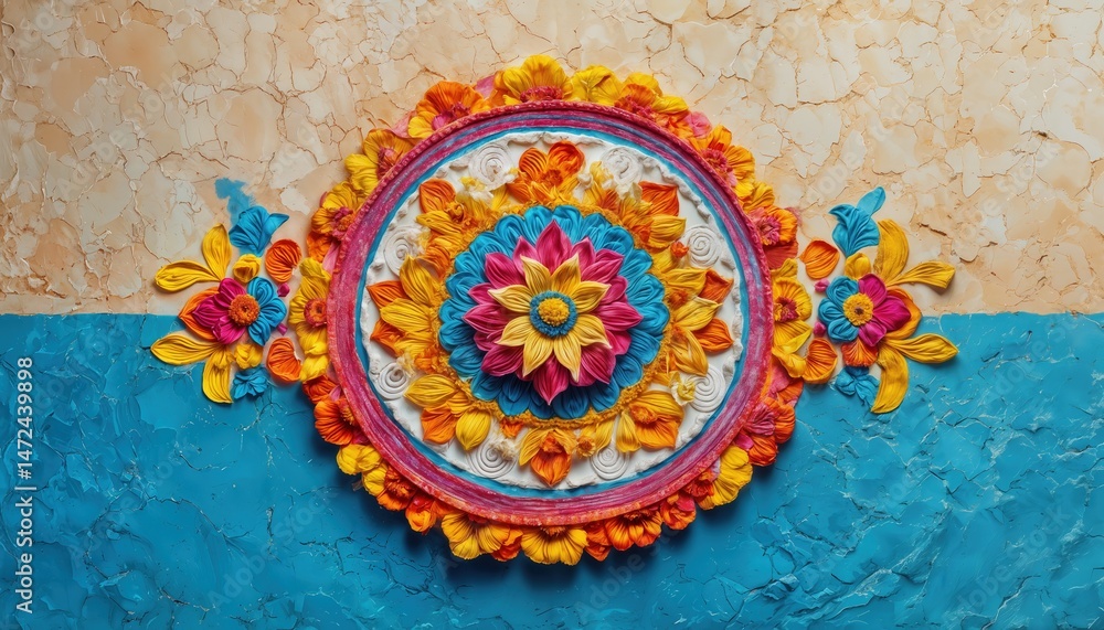 Fototapeta premium a vibrant and textured clay rangoli design featuring a central floral mandala flanked by decorative elements on a dual-toned background.
