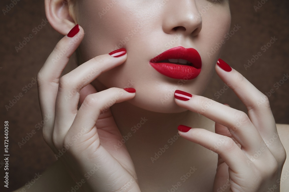 Fototapeta premium A close-up of a female model with striking red lips and manicured nails, showcasing elegance and beauty.