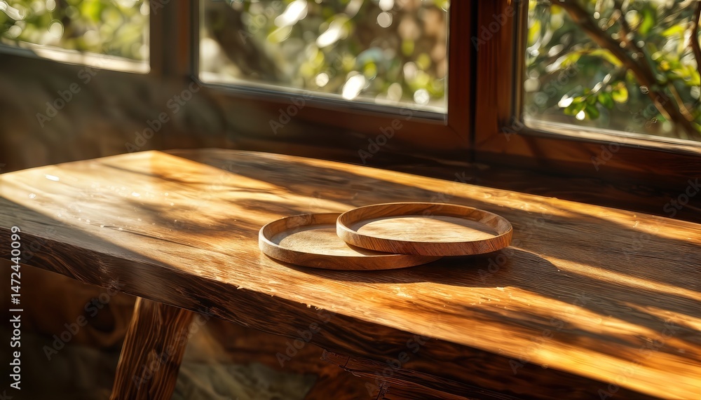 Fototapeta premium sunlight streams across a rustic wooden windowsill illuminating two circular wooden trays.