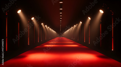 A red carpet runway illuminated by spotlights in a dark setting.