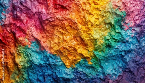 a vibrant and heavily textured abstract background featuring a rainbow of crumpled paper in shades of red, orange, yellow, green, blue, and purple.