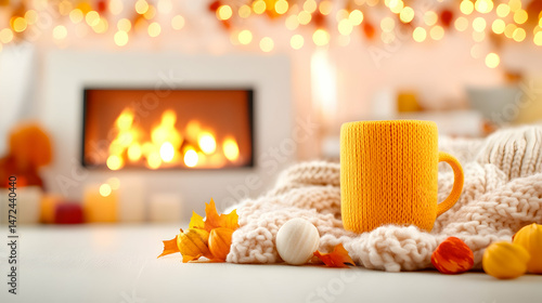 Cozy autumn scene with a warm drink near a fireplace
