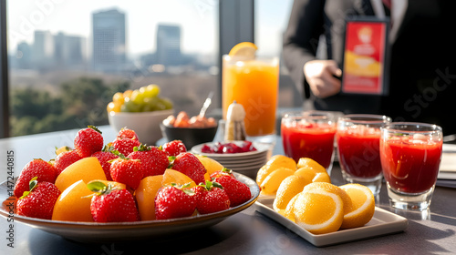 Fresh fruit platter and juices on a table with a city view