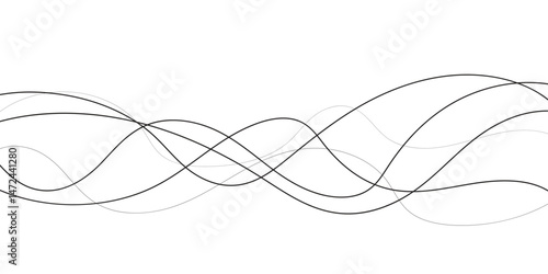 A minimalist abstract image featuring multiple, interwoven, wavy lines in varying thicknesses and dashed patterns.	