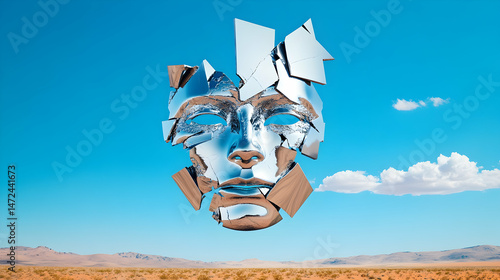 Shattered metallic mask floats above a desert landscape