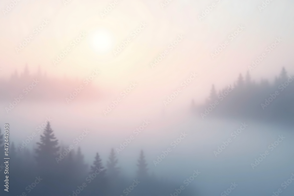 Obraz premium Misty dawn over forested hills with sunrise in a serene and tranquil landscape