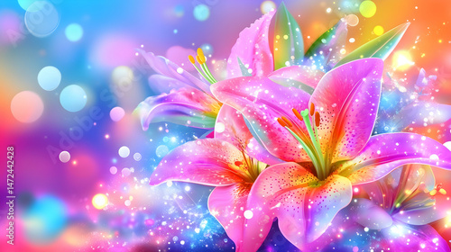 Vibrant pink lilies sparkle against a colorful bokeh background