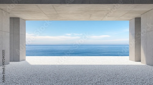 Serene Seascape Viewed from Minimalist Concrete Pavilion