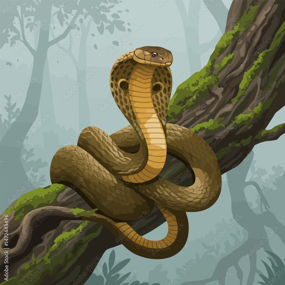 Fototapeta premium Cobra Coiled on Tree Branch in Misty Forest Illustration Art