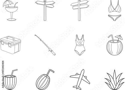 Black outline summer icons display holiday destinations, travel gear, and tropical refreshments on white