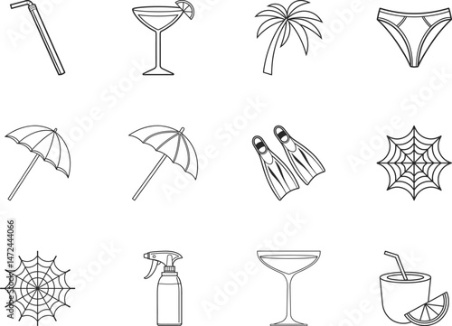 Summer vacation icons present coconut beverage, cocktail, flippers, swimwear, palm tree, and umbrella outlines