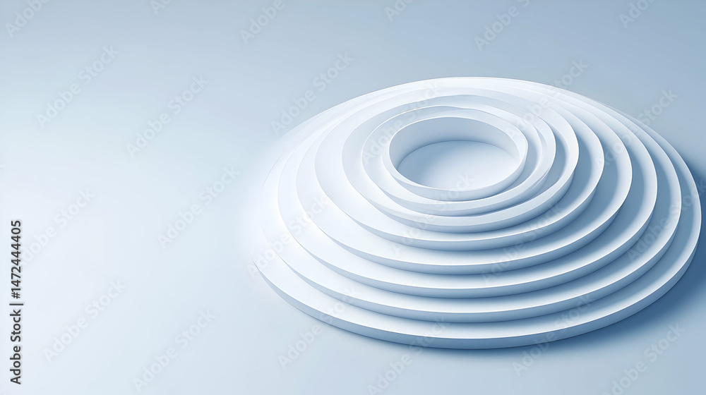 Fototapeta premium Concentric circles, layered white disks on a light blue background