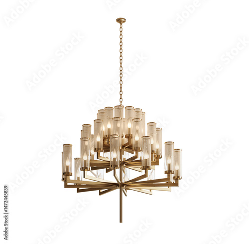 Wallpaper Mural Elegant modern chandelier with multiple candle-style lights, featuring a gold metal frame and cylindrical glass shades, suspended by a chain. Perfect for luxury interior  Torontodigital.ca