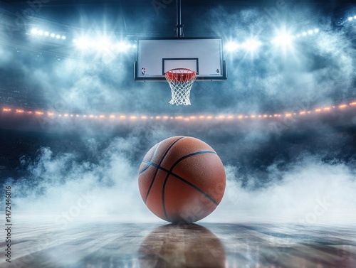 A lone basketball rests on a smoky basketball court, poised before the hoop under bright arena lights; a dramatic image evoking the thrill of the game. : Generative AI