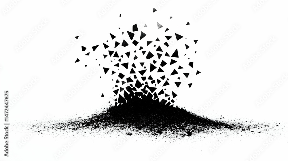 Naklejka premium Black triangular fragments exploding from a pile of dust, isolated on white