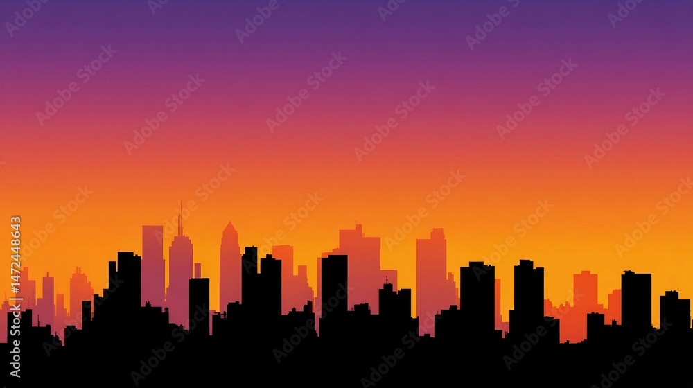 Naklejka premium Minimalist Vector Skyline of City at Sunset with Colorful Gradient