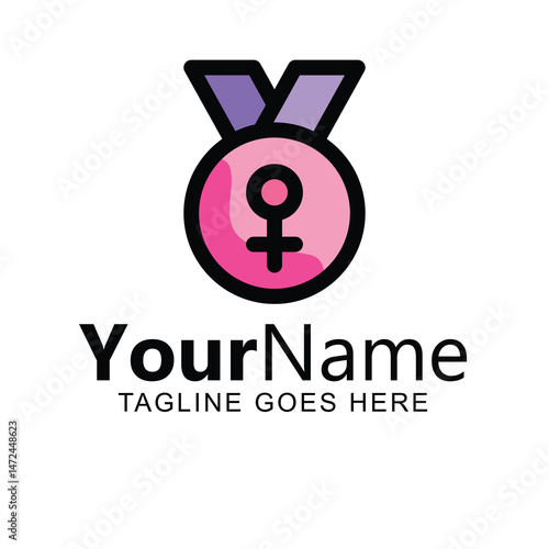 Female Achievement Award Logo Design. Pink  Purple Medal Symbol