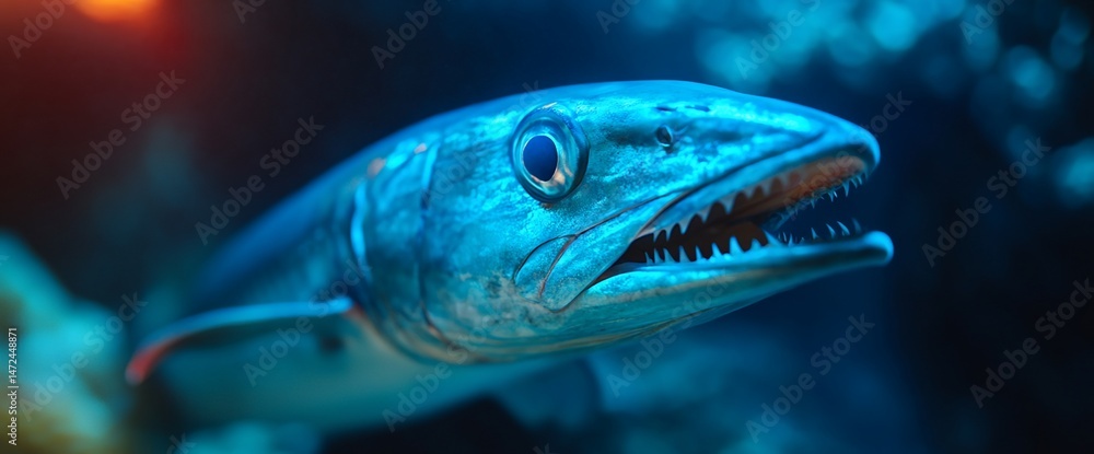 Fototapeta premium Striking close-up of a predatory fish with sharp teeth swimming underwater