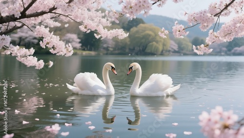 Fototapeta Naklejka Na Ścianę i Meble -  Elegant swans swim in a serene lake adorned with cherry blossoms, creating a romantic and picturesque scene, perfect for wallpaper or artistic projects 8K