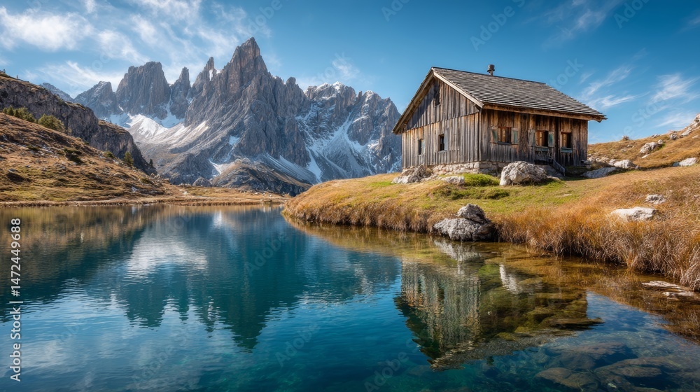 Naklejka premium Picturesque mountain shelter by dolomites lake in italy a scenic alpine landscape experience