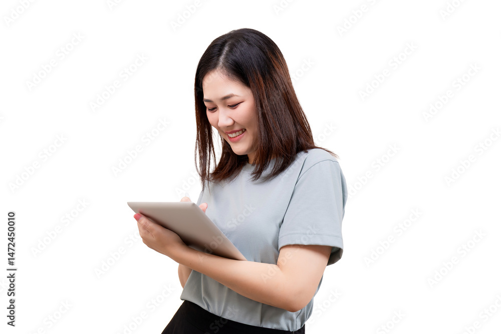 Asian beautiful woman smiling while using a digital tablet with a stylus in her hand. Asian beautiful woman smiling while using a digital tablet with a stylus in her hand.