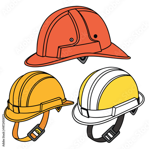 Colorful Industrial Safety Helmets Vector Set in Flat Style