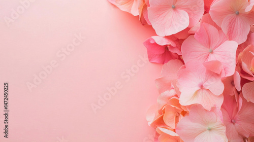Pink hydrangea petals arranged on a pale pink background, creating a delicate and feminine floral border.  Perfect for wedding invitations, greeting cards, or feminine branding. : Generative AI