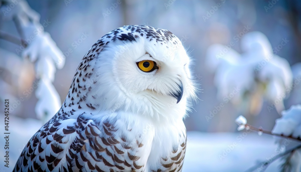 Obraz premium Snowy Owl's Serenity: A stunning snowy owl is showcased, a captivating study in contrast amidst the serene winter landscape. The majestic bird, with its striking plumage.