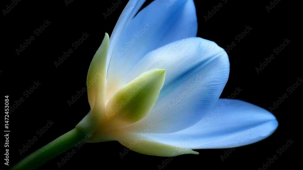 Blue Tulip Blooming in Timelapse Against a Black Background: A Close-Up of Nature's Beauty Blue Tulip Blooming in Timelapse Against a Black Background: A Close-Up of Nature's Beauty