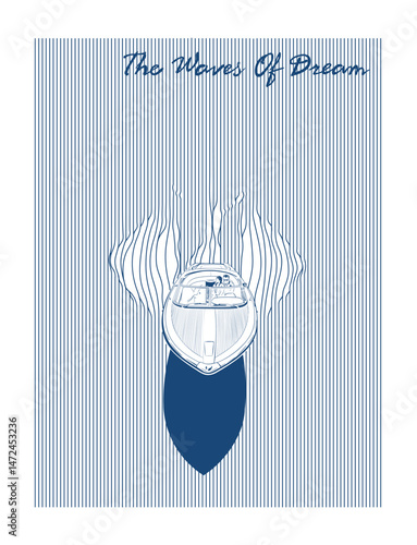 Speed boat and waves line art, Line illusion vector design, Summer beach holidays artwork for t shirt, poster, embroidery, wall art