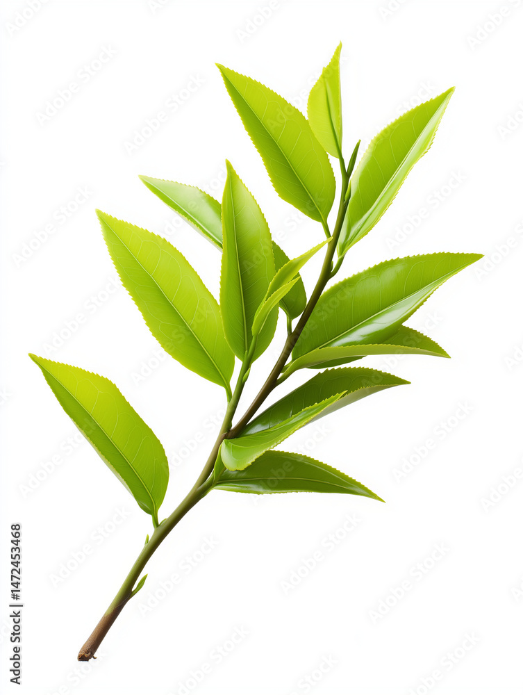Fototapeta premium Fresh Green Tea Leaf Branch Isolated on White Background – AI Generated