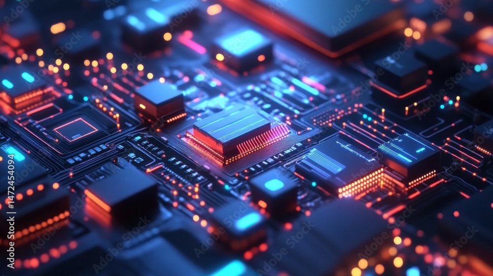 Obraz premium Abstract Circuit Board with Glowing Lights and Microchips Design