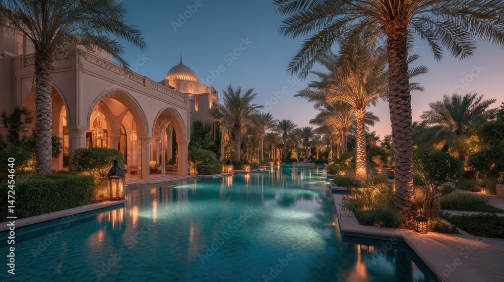 Fototapeta premium Luxury desert resort pool at dusk