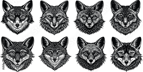 Black and White Fox Head Icon Set – Hand-Drawn Woodland Animal Illustrations