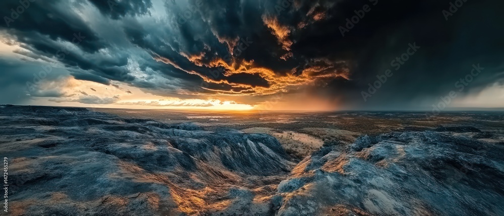 Fototapeta premium Dramatic sunset over rocky hills with storm clouds