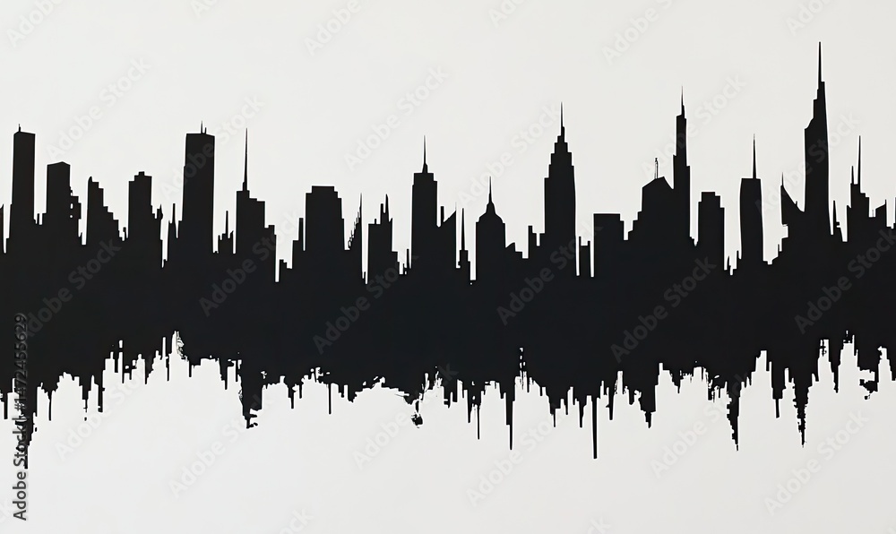 Fototapeta premium Black ink cityscape silhouette with various tall buildings against white background