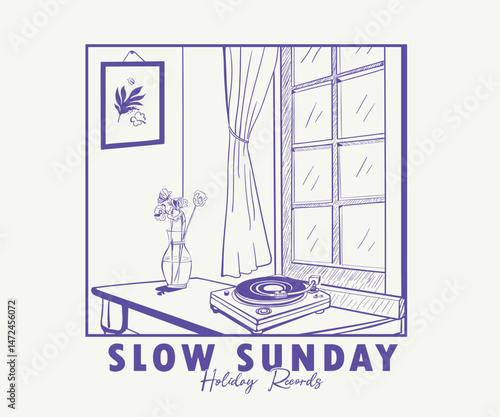 Weekend morning vector art, Slow Sunday print design, vintage room and window hand drawn vector illustration, Gramophone and flowers on table drawing