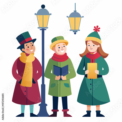 Carolers Under Streetlamps – Simple Vector on White