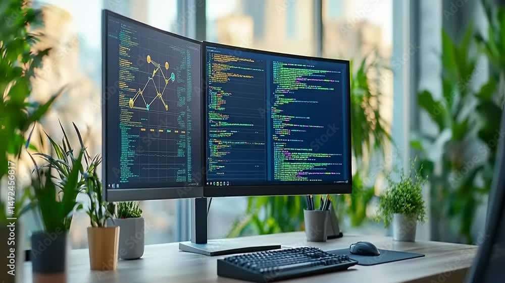 Modern workspace with dual monitors displaying code and data ...